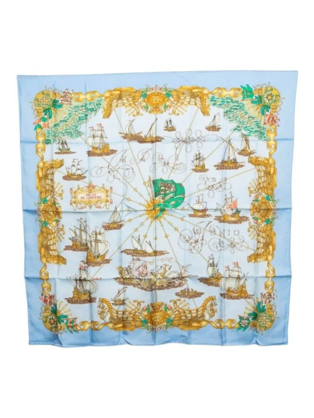 Hermes Carre 90 Voiles de Lumiere Sailing Ship of Light Scarf Blue Silk